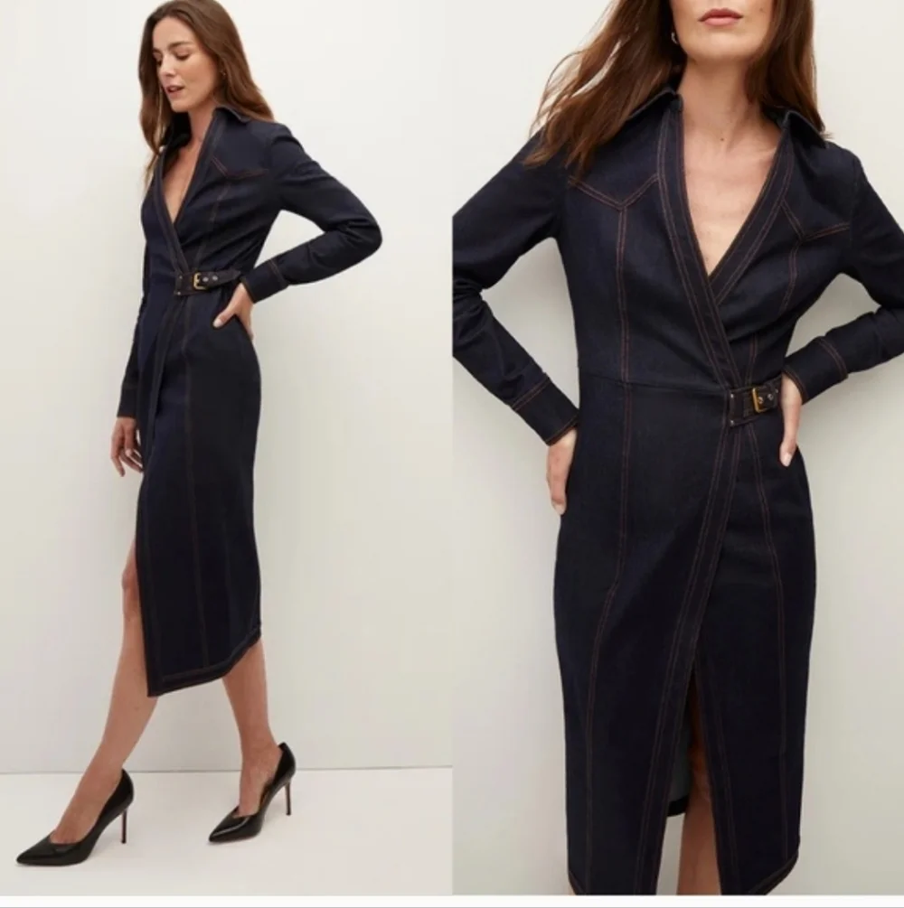 Veronica Beaed Dark Navy Wrap Midi Dress with Contrast Stitching - Picture 1 of 4